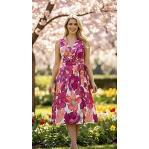 Kasper Pink Floral Dress Womens 14 Sleeveless Belted Fit & Flare Midi V-Neck